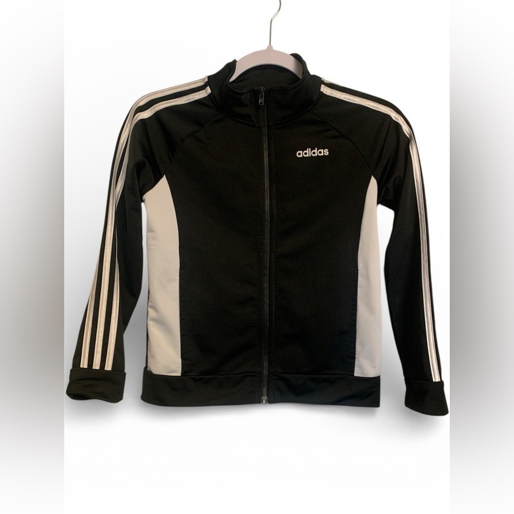 Adidas Kids Track Jacket Black White‎ 3-Stripe Full Zip Sport Coat Size M 10/12